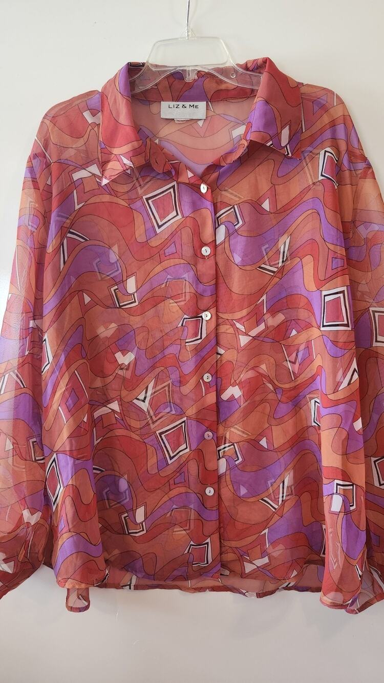 Vintage 90s Liz & Me Abstract Geometric Blouse Plus Size Sheer Shere #255